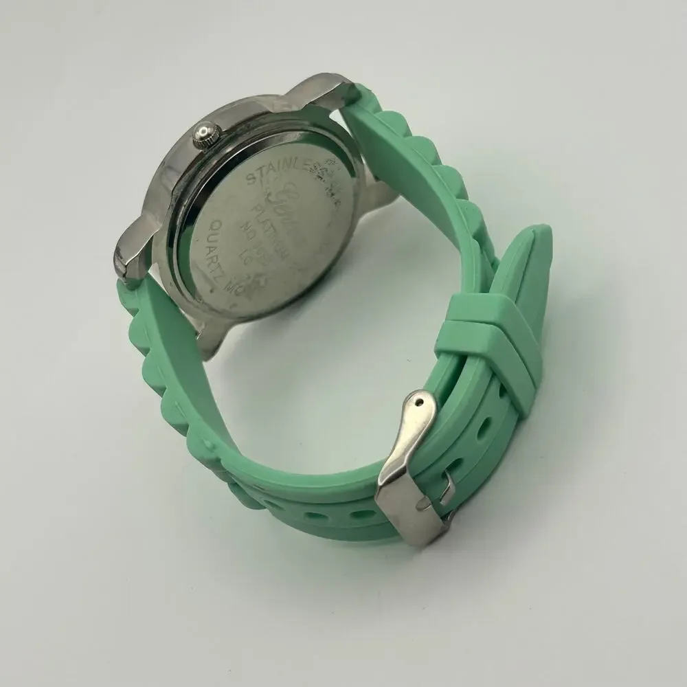Geneva Platinum Crystal Bezel Green Silicon Band Watch Working New Battery